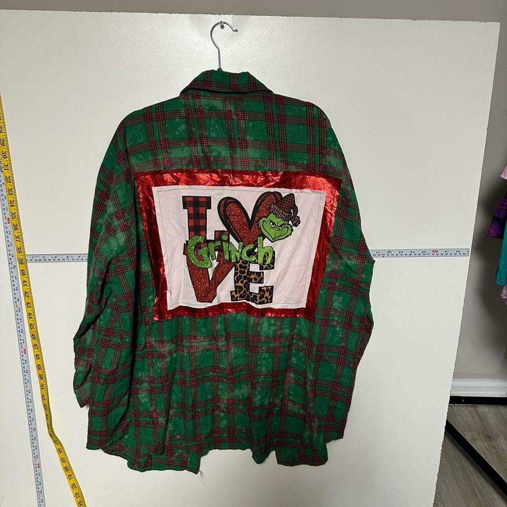 SHEIN Grinch Green and Red Button Down Shirt